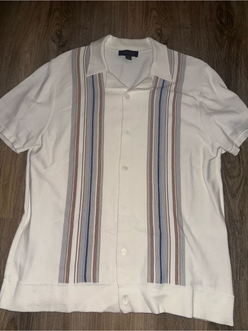 Truth Cream Short-Sleeve Button-Up Shirt with Blue and Brown Stripes
